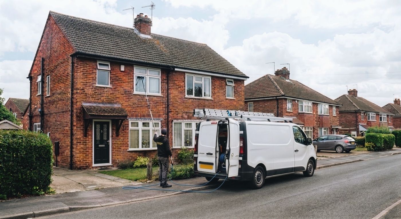 A Purity Surface Care window cleaner working on the upstairs windows of a brick semi-detached house with a reach & wash pole, the company van parked at the kerb behind them.